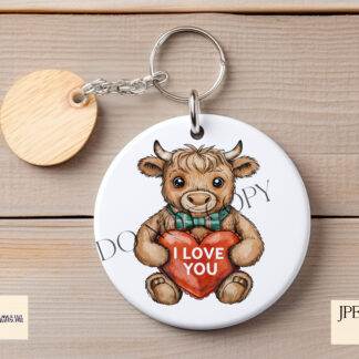 A Highland Cow Love Teddy design set, featuring a teddy bear sitting with a love heart pillow in three variations: textless, "I Love You", and "Happy Valentine’s Day". Comes in JPEG and PNG formats.