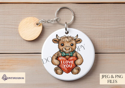 A Highland Cow Love Teddy design set, featuring a teddy bear sitting with a love heart pillow in three variations: textless, "I Love You", and "Happy Valentine’s Day". Comes in JPEG and PNG formats.