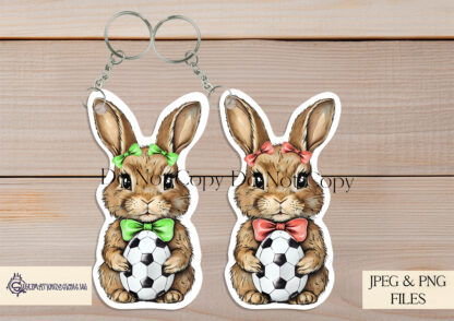 A 10-piece Easter Bunny Football Keyring design set, featuring male and female bunnies holding football-patterned eggs in gold, red, blue, pink, and green bow variations. Comes in JPEG and PNG formats.