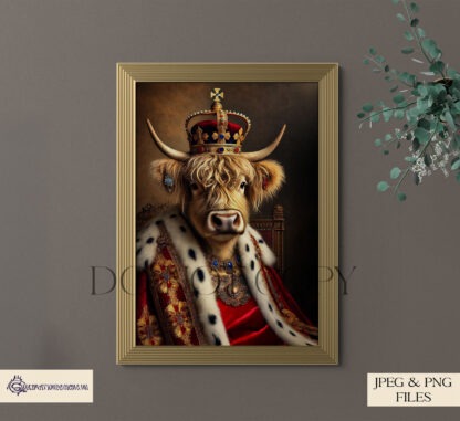 Regal Highland Cow Portraits Design Set featuring king and queen Highland cows on a throne, available with and without a traditional gold gilded frame, perfect for sublimation on wall art, mugs, and novelty gifts.