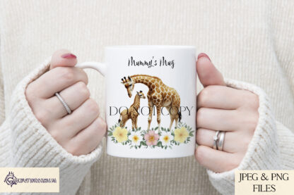 A mother and baby giraffe design set featuring safari elements and heartfelt messages. Includes textless, "A Mother’s Love Stands Tall Through It All", and "A Mother’s Love Reaches the Highest Heights" variations. Comes in JPEG and PNG formats.