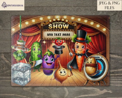 A Kitchen Magic design, featuring vegetables performing magic tricks on stage with three wording variations. Comes in JPEG and PNG formats.