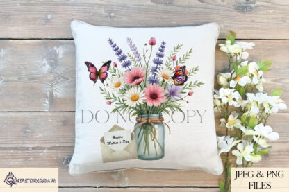 A Flower and Butterfly Design Set, featuring bouquets, vases, baskets, and daffodil arrangements with and without Happy Mother’s Day wording. Comes in JPEG and PNG formats.