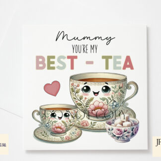 A Best Tea design set for mothers, featuring a floral teacup and saucer representing mother and child, alongside a pot of sugar cubes. Includes three wording variations. Comes in JPEG and PNG formats.