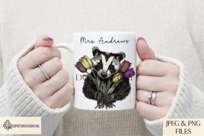 An Artistic Badger and Flower Sublimation Design Set, featuring six detailed badger and floral designs, including roses, sunflowers, poppies, daffodils, tulips, and a bouquet composition. Comes in JPEG and PNG formats.