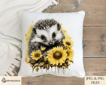 An Artistic Hedgehog and Flower Sublimation Design Set, featuring six detailed hedgehog and floral designs, including roses, sunflowers, poppies, daffodils, and bluebells. Comes in JPEG and PNG formats.