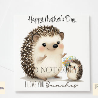 A Blooming Love Hedgehog design set, featuring a child hedgehog presenting flowers to an adult hedgehog with textless, "I Blooming Love You", and "I Love You Bunches" variations. Comes in JPEG and PNG formats.