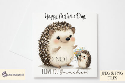 A Blooming Love Hedgehog design set, featuring a child hedgehog presenting flowers to an adult hedgehog with textless, "I Blooming Love You", and "I Love You Bunches" variations. Comes in JPEG and PNG formats.