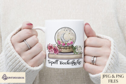 Spell Bookaholic Design Set featuring a pastel floral spellbook with a crystal ball, crescent moon, flowers, and stars, perfect for sublimation on tote bags, bookmarks, and mugs.