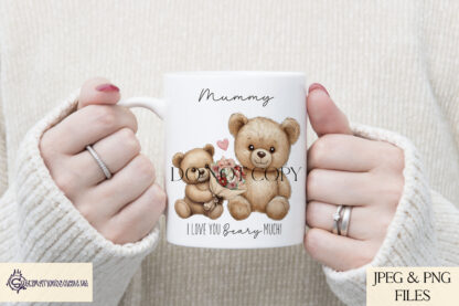 A Mother and Cub Flowers Design Set, featuring a child bear presenting flowers to an older bear with textless, "I Love You Beary Much", and "Happy Mother’s Day" variations. Comes in JPEG and PNG formats.