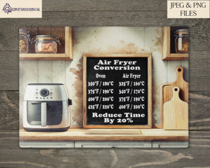 An Air Fryer Conversion Chopping Board Design Set, featuring two A4 chalkboard-style designs with conversion charts next to an air fryer on a kitchen worktop. Comes in JPEG and PNG formats.