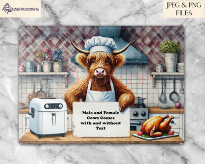 A Highland Cow Air Fryer Chef Design Set, featuring male and female Highland cows dressed as chefs, with blank and air fryer conversion sign variations. Comes in JPEG and PNG formats.