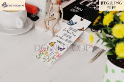 An inspirational Chasing Butterflies Motivational Design Set, featuring a floral and butterfly-framed quote. Includes four templates (Mug Wrap, Resizable Square, Skinny Tumbler, Bookmark). Comes in JPEG and PNG formats.