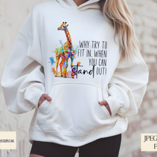 A Vibrant Giraffe Positivity Design Set, featuring a giraffe with vibrant paint splashes and two motivational quotes. Comes in JPEG and PNG formats.