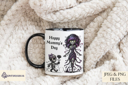 A Comedy Mummy and Child Design Set, featuring a mummy with a child holding a black flower, available in textless and "Happy Mummy’s Day" variations, with child options with and without a hairbow. Comes in JPEG and PNG formats.