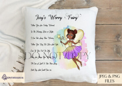 A Worry Fairy Cushion & Pocket Pillow Design Set, featuring six fairies and a bottom design with exclusive wording. Comes in JPEG and PNG formats.