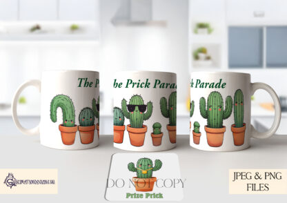 A Comedy Cactus Prick Design Set, featuring 10 unique cartoon cactuses with funny names, a mug wrap, and two T-shirt designs. Comes in JPEG and PNG formats.