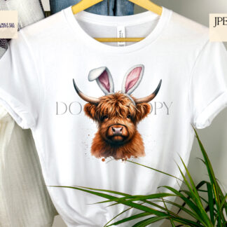 Highland Cow Easter Bunny Ears Design featuring a rustic Highland cow wearing playful bunny ears, perfect for sublimation on mugs, cushions, and apparel.