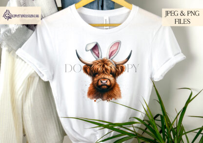 Highland Cow Easter Bunny Ears Design featuring a rustic Highland cow wearing playful bunny ears, perfect for sublimation on mugs, cushions, and apparel.