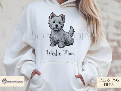 An Embroidered Style West Highland Terrier Design Set, featuring two detailed Westie images and extra wording PNGs for pet parents. Comes in JPEG and PNG formats.