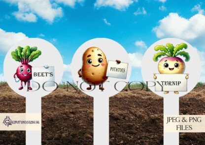 A Fruit and Veg Characters Holding Blank Signs Design Set, featuring 31 fruit and vegetable characters with blank signs for customisation. Comes in JPEG and PNG formats.