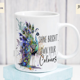 A Peacock Positivity Design Set, featuring a paint splash peacock with two motivational quotes. Comes in JPEG and PNG formats.