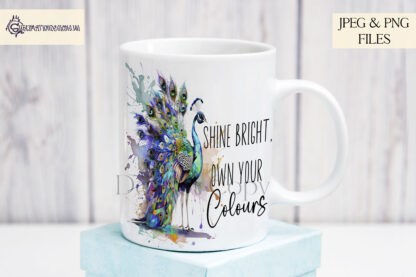 A Peacock Positivity Design Set, featuring a paint splash peacock with two motivational quotes. Comes in JPEG and PNG formats.