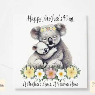 A mother and baby koala design set featuring heartfelt messages and adorable wildlife elements. Includes textless, "A Mother’s Arms, A Forever Home", and "Koala-fied for the Best Mother Award" variations. Comes in JPEG and PNG formats.