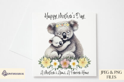 A mother and baby koala design set featuring heartfelt messages and adorable wildlife elements. Includes textless, "A Mother’s Arms, A Forever Home", and "Koala-fied for the Best Mother Award" variations. Comes in JPEG and PNG formats.