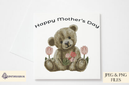 An Embroidered Tulip Teddy Bear Design Set, featuring a teddy bear holding tulips with two heartfelt message options. Comes in JPEG and PNG formats.