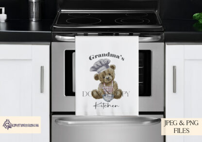 A Teddy Bear Baker Kitchen Clip Art Set, featuring a chef teddy in blue and pink aprons with watercolour and embroidery styles, plus extra wording PNGs. Comes in JPEG and PNG formats.