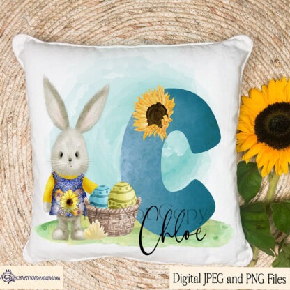 Easter Bunny Sunflower Alphabet Design Set featuring 26 whimsical letters with an Easter bunny in a sunflower dress, perfect for sublimation on gifts and seasonal décor.