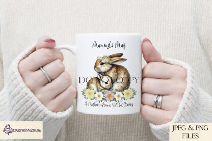 A mother and baby rabbit design set featuring heartfelt messages and delicate woodland elements. Includes textless, "A Mother’s Love Hops Beside You Always", and "A Mother’s Love is Soft but Strong" variations. Comes in JPEG and PNG formats.