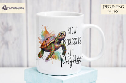 A Turtle Positivity Design Set, featuring two motivational quotes: "Trust the Journey" and "Slow Progress is Progress". Comes in JPEG and PNG formats.