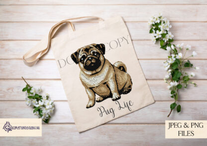 A Pug Parents Clip Art Set, featuring three embroidered-style pugs (black, white, and fawn) and six worded PNG options. Comes in JPEG and PNG formats.