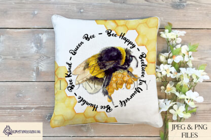 A Positivity Bee Frame Design Set, featuring a bumblebee on honeycomb with motivational quotes in a circular frame. Comes in JPEG and PNG formats.