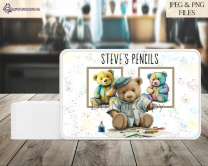 A creative bear-themed design set, featuring Arty The Bear with artistic tools and paintsplash backgrounds. Includes tin, mug wrap, and resizeable templates, plus a bonus design without the background. Comes in JPEG and PNG formats.