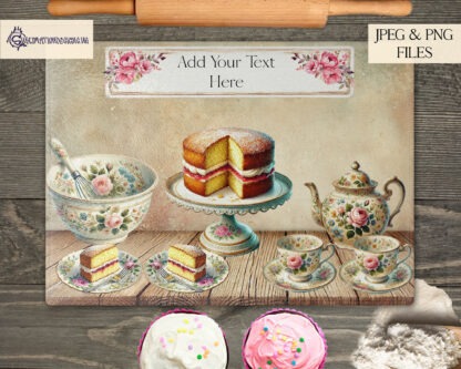 Vintage Floral Kitchen Design Set featuring floral teapot, mugs, cake bowl, and Victoria sponge cake in rustic vintage style, perfect for sublimation on chopping boards and kitchen décor.