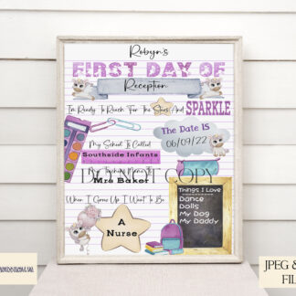 A Personalised Unicorn First Day of School Design Set, featuring four customisable A4 templates for first-day milestones. Comes in JPEG and PNG formats.