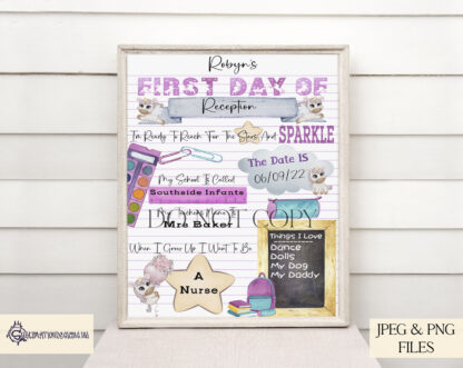 A Personalised Unicorn First Day of School Design Set, featuring four customisable A4 templates for first-day milestones. Comes in JPEG and PNG formats.