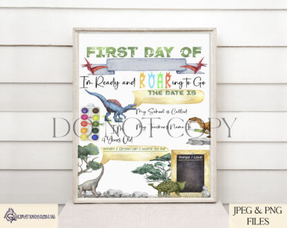 A Personalised Dinosaur First Day of School Design Set, featuring four customisable A4 templates for first-day milestones with "I'm Ready & Roaring to Go!" wording. Comes in JPEG and PNG formats.