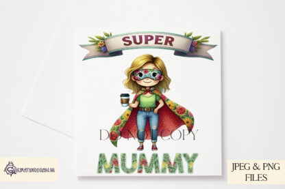 Superhero Mum Clip Art Set featuring superhero mums in floral capes, banners, floral name variations, and fun coffee-fuelled wording, perfect for sublimation on keyrings, mugs, and cards.