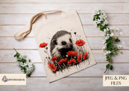 An Artistic Hedgehog and Flower Sublimation Design Set, featuring six detailed hedgehog and floral designs, including roses, sunflowers, poppies, daffodils, and bluebells. Comes in JPEG and PNG formats.