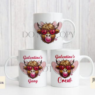 Highland Cow Galentine’s Day Design Set featuring a Highland cow blowing a bubble, wearing pink heart sunglasses, perfect for sublimation on T-shirts, mugs, and tote bags.