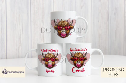 Highland Cow Galentine’s Day Design Set featuring a Highland cow blowing a bubble, wearing pink heart sunglasses, perfect for sublimation on T-shirts, mugs, and tote bags.