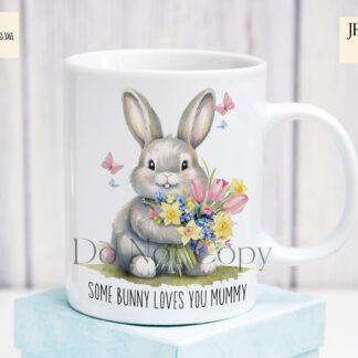 Cute Bunny With Flowers Design Set featuring an adorable bunny in floral surroundings, available in four variations with and without an Easter egg, perfect for sublimation on mugs, cushions, and nursery décor.