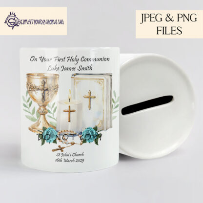 Holy Communion Bible digital design set featuring six designs in gold, pink, and blue, with text and textless variations. Includes three mock-ups.