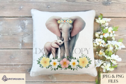 A mother and baby elephant design set featuring floral elements and heartfelt messages. Includes textless, "I Love You Tonnes", and "A Mother's Love Is The Biggest Of All" variations. Comes in JPEG and PNG formats.