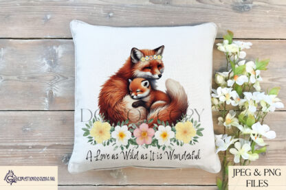 A mother and baby fox design set featuring floral elements and heartfelt messages. Includes textless, "A Love As Wild As It Is Wonderful", and "A Mother’s Love Is Forever By Your Side" variations. Comes in JPEG and PNG formats.