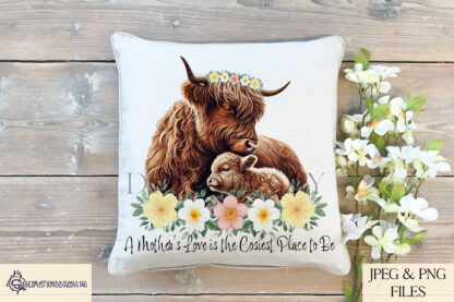 A mother and baby Highland cow design set featuring floral elements and heartfelt messages. Includes textless, "A Mother’s Love Is the Warmest of All", and "A Mother’s Love Is the Cosiest Place to Be" variations. Comes in JPEG and PNG formats.